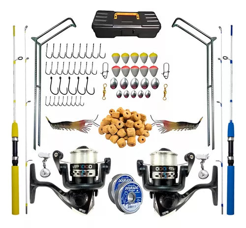 Kit Planeta Da Pesca com varas e molinetes e caixa completa com acessórios